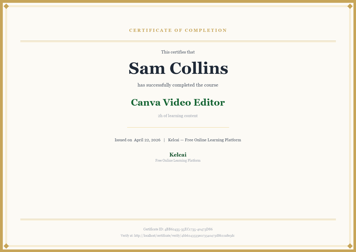 Kelcai Certificate of Completion — Sam Collins